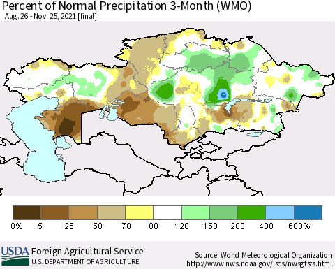 Kazakhstan Percent of Normal Precipitation 3-Month (WMO) Thematic Map For 8/26/2021 - 11/25/2021