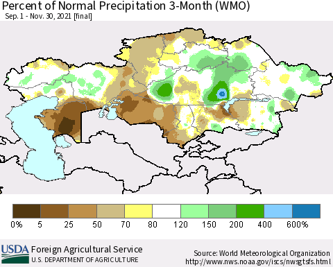Kazakhstan Percent of Normal Precipitation 3-Month (WMO) Thematic Map For 9/1/2021 - 11/30/2021