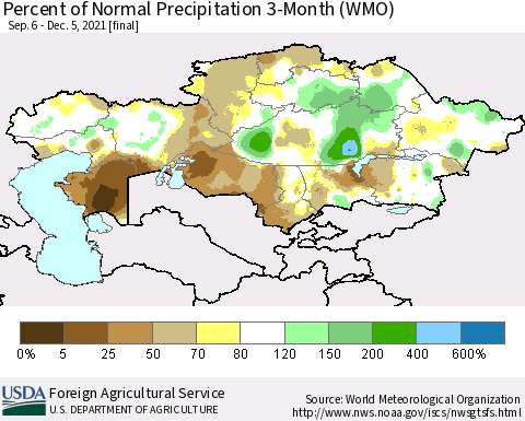 Kazakhstan Percent of Normal Precipitation 3-Month (WMO) Thematic Map For 9/6/2021 - 12/5/2021