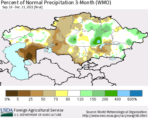 Kazakhstan Percent of Normal Precipitation 3-Month (WMO) Thematic Map For 9/16/2021 - 12/15/2021
