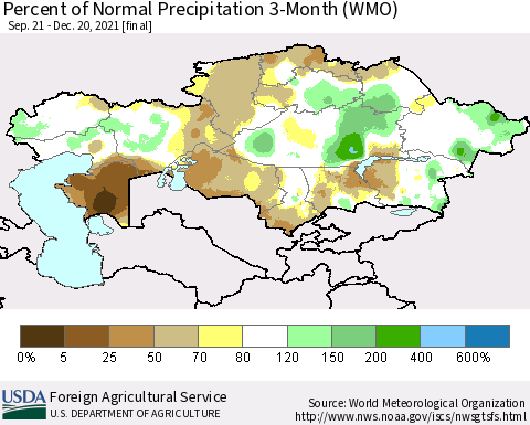 Kazakhstan Percent of Normal Precipitation 3-Month (WMO) Thematic Map For 9/21/2021 - 12/20/2021