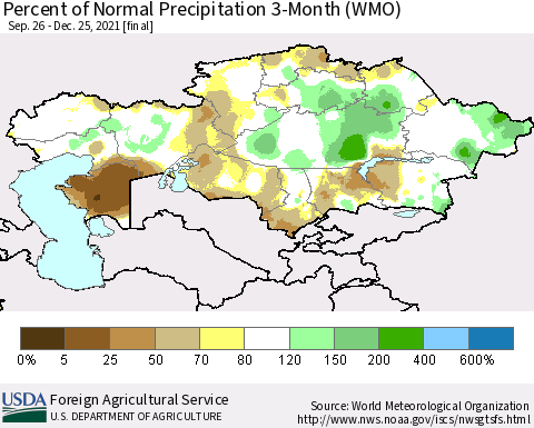 Kazakhstan Percent of Normal Precipitation 3-Month (WMO) Thematic Map For 9/26/2021 - 12/25/2021