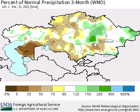 Kazakhstan Percent of Normal Precipitation 3-Month (WMO) Thematic Map For 10/1/2021 - 12/31/2021