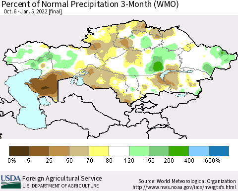 Kazakhstan Percent of Normal Precipitation 3-Month (WMO) Thematic Map For 10/6/2021 - 1/5/2022