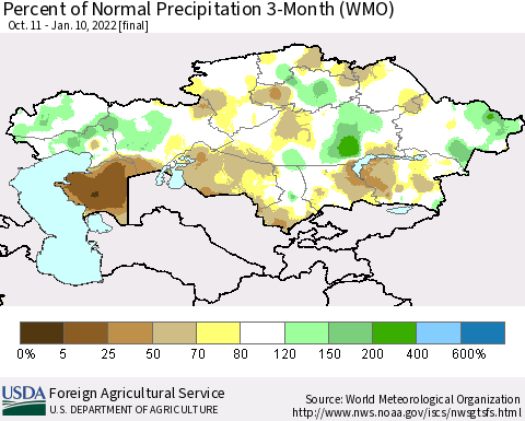 Kazakhstan Percent of Normal Precipitation 3-Month (WMO) Thematic Map For 10/11/2021 - 1/10/2022