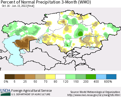 Kazakhstan Percent of Normal Precipitation 3-Month (WMO) Thematic Map For 10/16/2021 - 1/15/2022