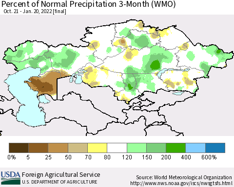 Kazakhstan Percent of Normal Precipitation 3-Month (WMO) Thematic Map For 10/21/2021 - 1/20/2022