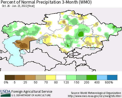 Kazakhstan Percent of Normal Precipitation 3-Month (WMO) Thematic Map For 10/26/2021 - 1/25/2022