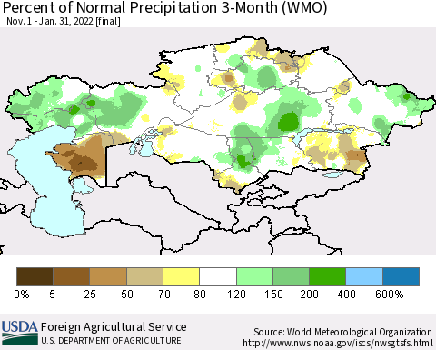 Kazakhstan Percent of Normal Precipitation 3-Month (WMO) Thematic Map For 11/1/2021 - 1/31/2022
