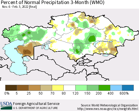 Kazakhstan Percent of Normal Precipitation 3-Month (WMO) Thematic Map For 11/6/2021 - 2/5/2022
