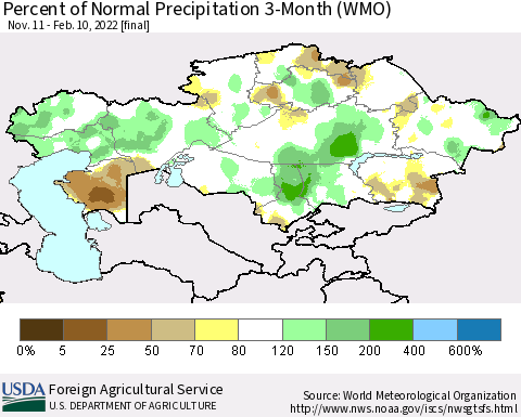 Kazakhstan Percent of Normal Precipitation 3-Month (WMO) Thematic Map For 11/11/2021 - 2/10/2022