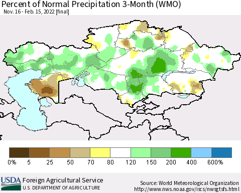 Kazakhstan Percent of Normal Precipitation 3-Month (WMO) Thematic Map For 11/16/2021 - 2/15/2022