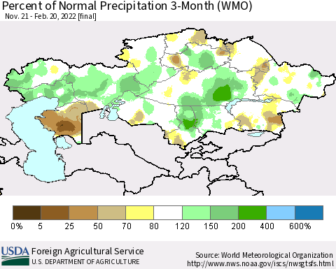 Kazakhstan Percent of Normal Precipitation 3-Month (WMO) Thematic Map For 11/21/2021 - 2/20/2022