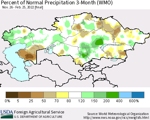 Kazakhstan Percent of Normal Precipitation 3-Month (WMO) Thematic Map For 11/26/2021 - 2/25/2022