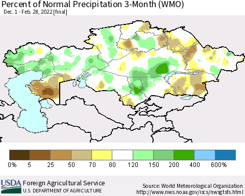 Kazakhstan Percent of Normal Precipitation 3-Month (WMO) Thematic Map For 12/1/2021 - 2/28/2022