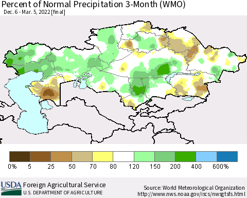 Kazakhstan Percent of Normal Precipitation 3-Month (WMO) Thematic Map For 12/6/2021 - 3/5/2022