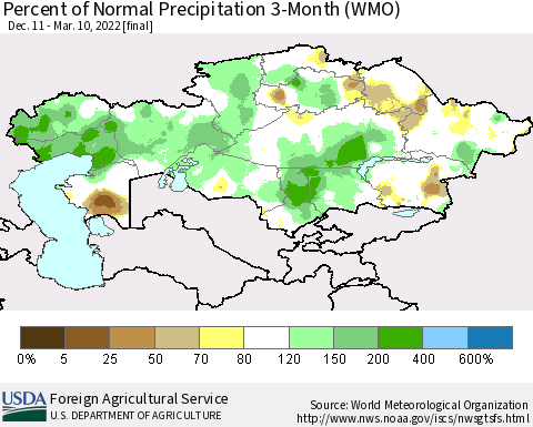 Kazakhstan Percent of Normal Precipitation 3-Month (WMO) Thematic Map For 12/11/2021 - 3/10/2022