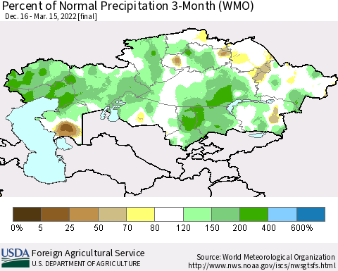 Kazakhstan Percent of Normal Precipitation 3-Month (WMO) Thematic Map For 12/16/2021 - 3/15/2022