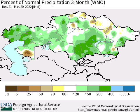 Kazakhstan Percent of Normal Precipitation 3-Month (WMO) Thematic Map For 12/21/2021 - 3/20/2022