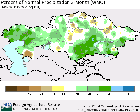 Kazakhstan Percent of Normal Precipitation 3-Month (WMO) Thematic Map For 12/26/2021 - 3/25/2022