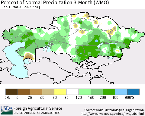Kazakhstan Percent of Normal Precipitation 3-Month (WMO) Thematic Map For 1/1/2022 - 3/31/2022