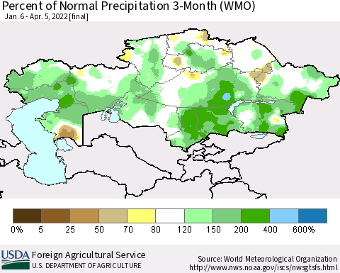 Kazakhstan Percent of Normal Precipitation 3-Month (WMO) Thematic Map For 1/6/2022 - 4/5/2022