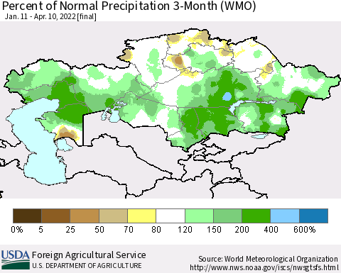 Kazakhstan Percent of Normal Precipitation 3-Month (WMO) Thematic Map For 1/11/2022 - 4/10/2022