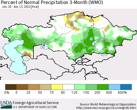 Kazakhstan Percent of Normal Precipitation 3-Month (WMO) Thematic Map For 1/16/2022 - 4/15/2022