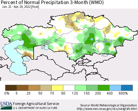 Kazakhstan Percent of Normal Precipitation 3-Month (WMO) Thematic Map For 1/21/2022 - 4/20/2022
