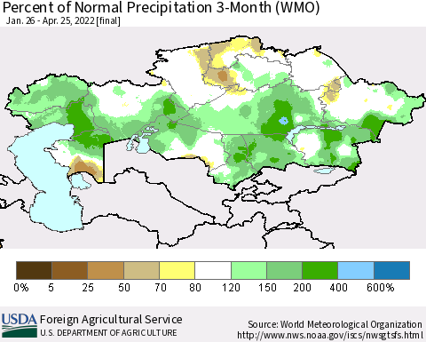 Kazakhstan Percent of Normal Precipitation 3-Month (WMO) Thematic Map For 1/26/2022 - 4/25/2022