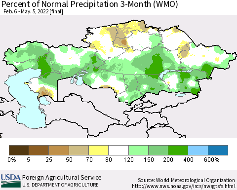 Kazakhstan Percent of Normal Precipitation 3-Month (WMO) Thematic Map For 2/6/2022 - 5/5/2022