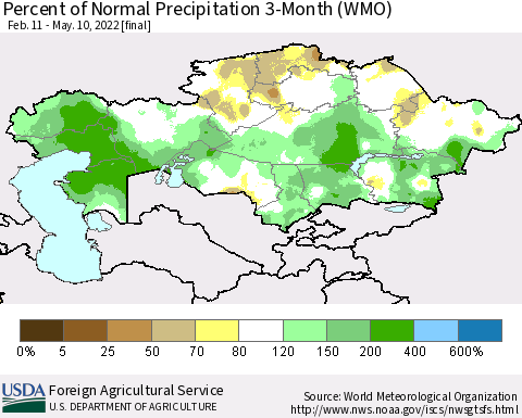 Kazakhstan Percent of Normal Precipitation 3-Month (WMO) Thematic Map For 2/11/2022 - 5/10/2022