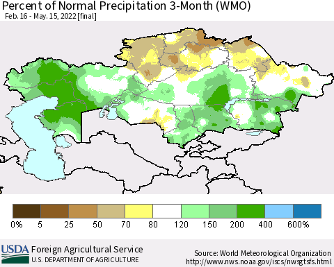Kazakhstan Percent of Normal Precipitation 3-Month (WMO) Thematic Map For 2/16/2022 - 5/15/2022