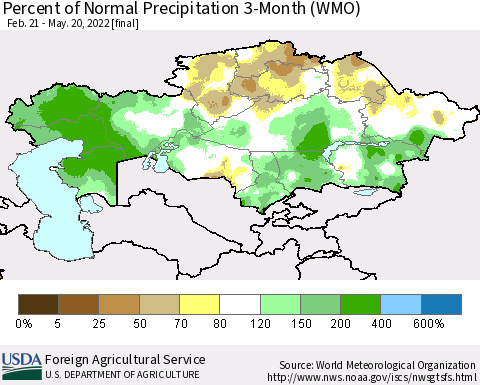 Kazakhstan Percent of Normal Precipitation 3-Month (WMO) Thematic Map For 2/21/2022 - 5/20/2022