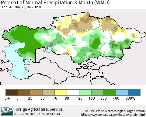 Kazakhstan Percent of Normal Precipitation 3-Month (WMO) Thematic Map For 2/26/2022 - 5/25/2022