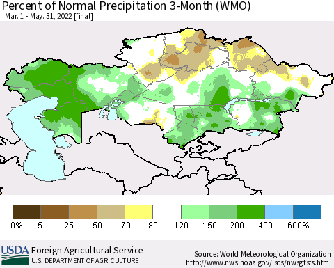 Kazakhstan Percent of Normal Precipitation 3-Month (WMO) Thematic Map For 3/1/2022 - 5/31/2022