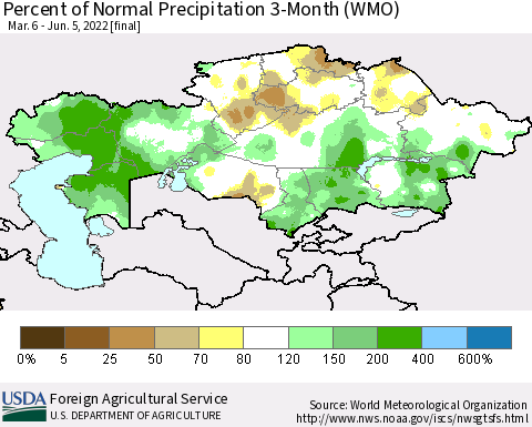 Kazakhstan Percent of Normal Precipitation 3-Month (WMO) Thematic Map For 3/6/2022 - 6/5/2022