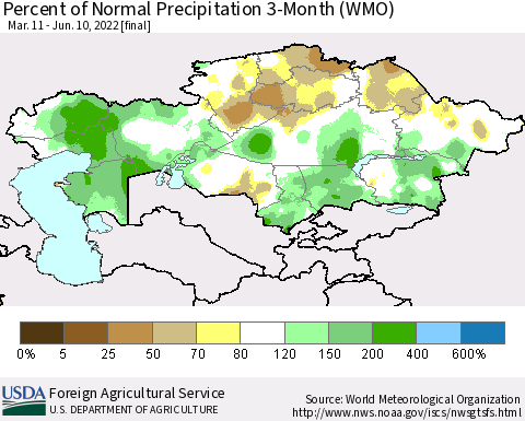 Kazakhstan Percent of Normal Precipitation 3-Month (WMO) Thematic Map For 3/11/2022 - 6/10/2022