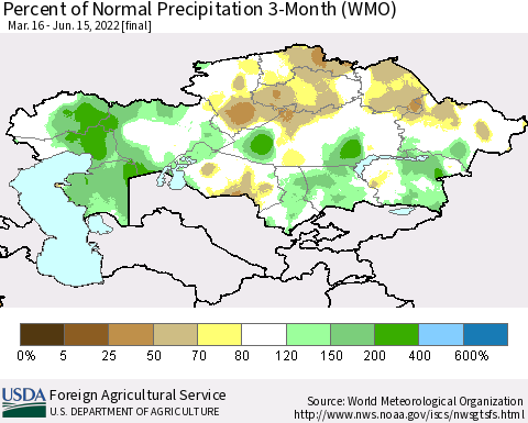 Kazakhstan Percent of Normal Precipitation 3-Month (WMO) Thematic Map For 3/16/2022 - 6/15/2022