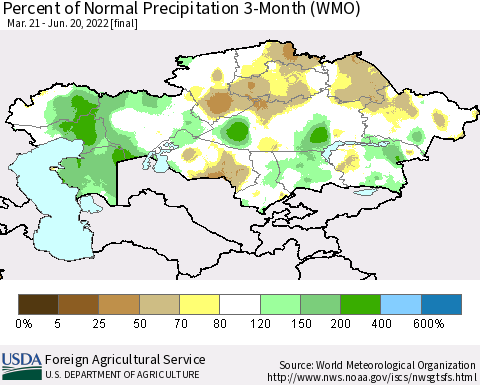 Kazakhstan Percent of Normal Precipitation 3-Month (WMO) Thematic Map For 3/21/2022 - 6/20/2022