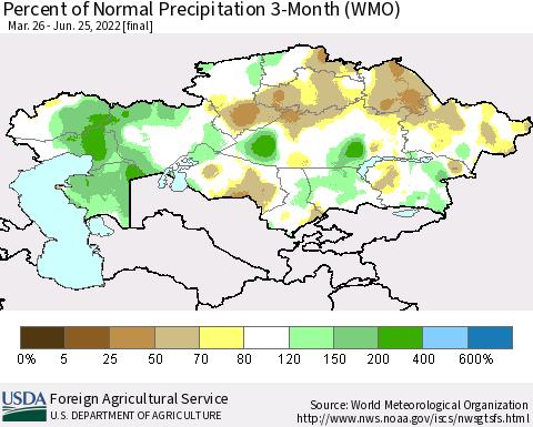 Kazakhstan Percent of Normal Precipitation 3-Month (WMO) Thematic Map For 3/26/2022 - 6/25/2022