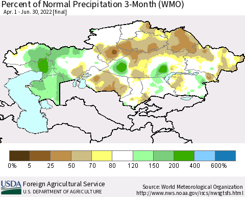 Kazakhstan Percent of Normal Precipitation 3-Month (WMO) Thematic Map For 4/1/2022 - 6/30/2022