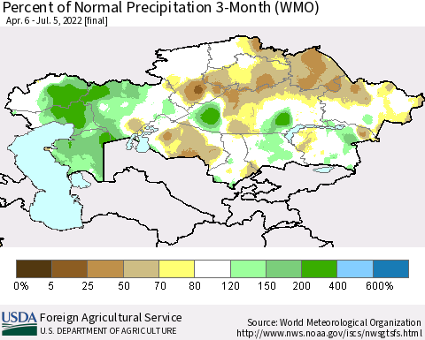 Kazakhstan Percent of Normal Precipitation 3-Month (WMO) Thematic Map For 4/6/2022 - 7/5/2022
