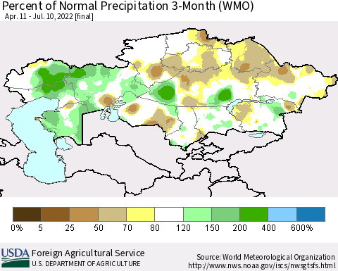 Kazakhstan Percent of Normal Precipitation 3-Month (WMO) Thematic Map For 4/11/2022 - 7/10/2022