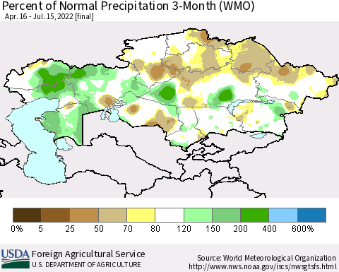 Kazakhstan Percent of Normal Precipitation 3-Month (WMO) Thematic Map For 4/16/2022 - 7/15/2022