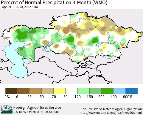 Kazakhstan Percent of Normal Precipitation 3-Month (WMO) Thematic Map For 4/21/2022 - 7/20/2022