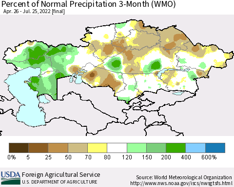 Kazakhstan Percent of Normal Precipitation 3-Month (WMO) Thematic Map For 4/26/2022 - 7/25/2022