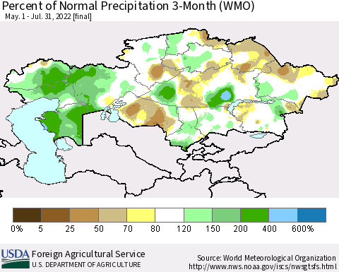 Kazakhstan Percent of Normal Precipitation 3-Month (WMO) Thematic Map For 5/1/2022 - 7/31/2022