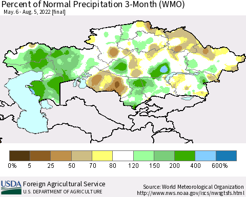 Kazakhstan Percent of Normal Precipitation 3-Month (WMO) Thematic Map For 5/6/2022 - 8/5/2022