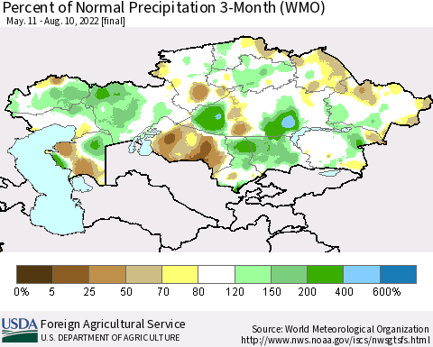 Kazakhstan Percent of Normal Precipitation 3-Month (WMO) Thematic Map For 5/11/2022 - 8/10/2022